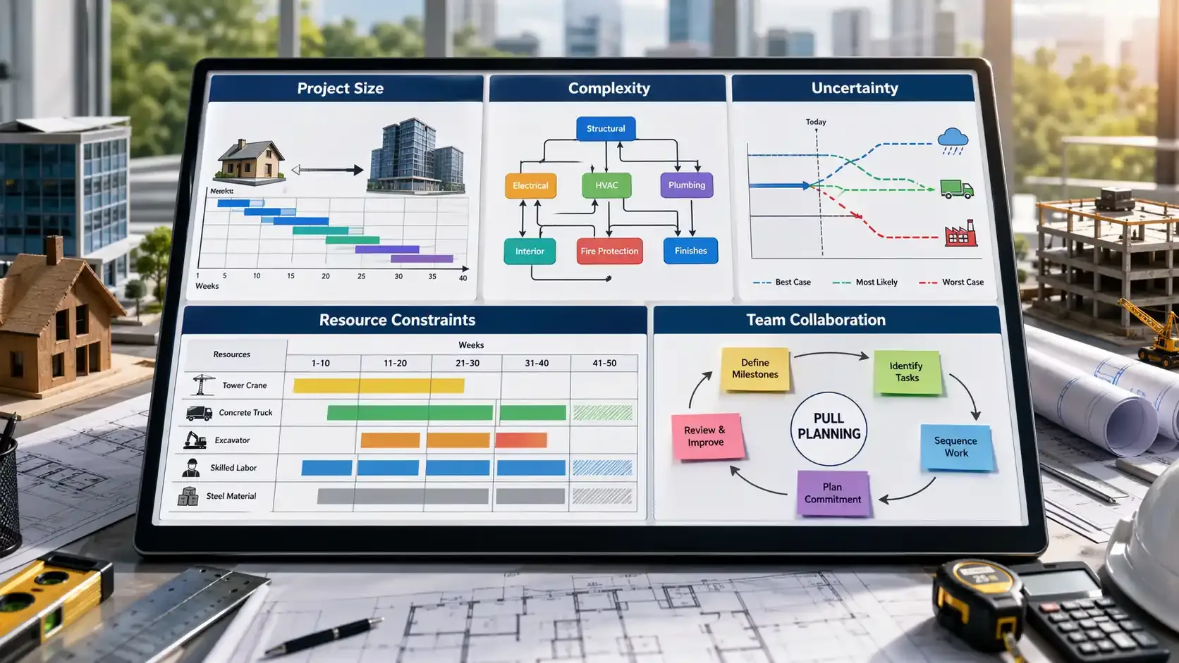Modern construction scheduling dashboard with planning tools and charts